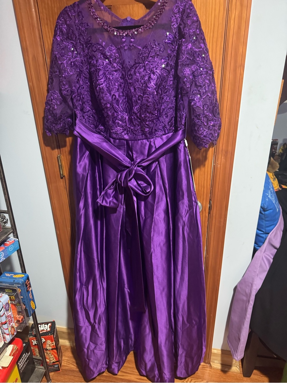 Purple Lace Bodice Satin Skirt gown with belt